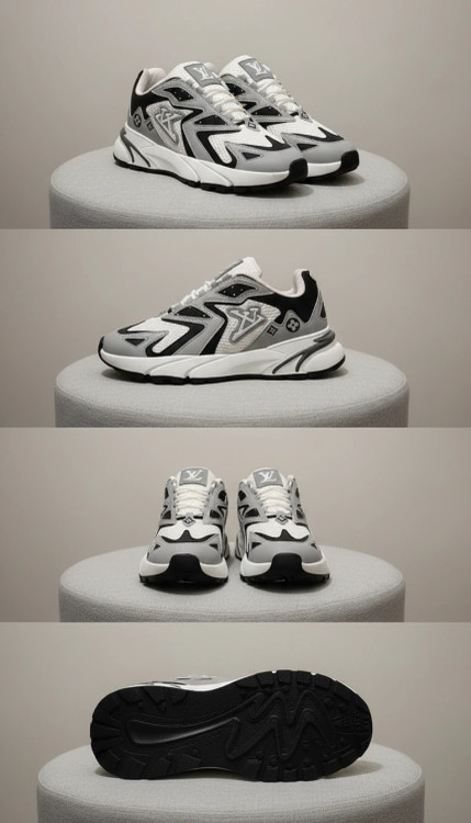 کفش مردانه لوئی ویتون مشکی سفید کفش اسپرت مردانه لوئی ویتون نمای کناری کفش لوئی ویتون جزئیات رویه کفش مردانه لوئی ویتون زیره کفش مردانه لوئی ویتون