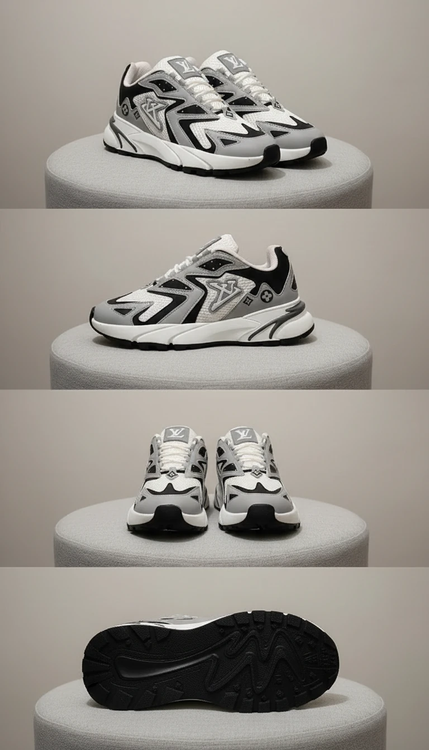 کفش مردانه لوئی ویتون مشکی سفید کفش اسپرت مردانه لوئی ویتون نمای کناری کفش لوئی ویتون جزئیات رویه کفش مردانه لوئی ویتون زیره کفش مردانه لوئی ویتون